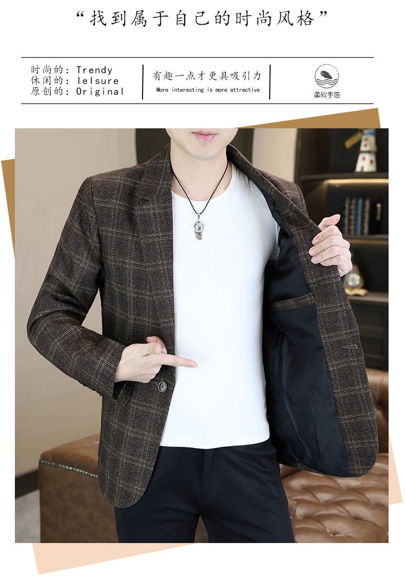 Blazer's New Men's Fashion Outdoor Travel Camping Youth Wedding Hosting Campus Slimming Casual Checkered Korean Version Blazer