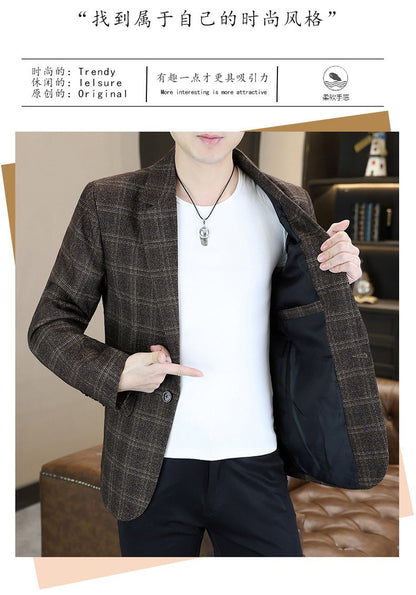 Blazer's New Men's Fashion Outdoor Travel Camping Youth Wedding Hosting Campus Slimming Casual Checkered Korean Version Blazer
