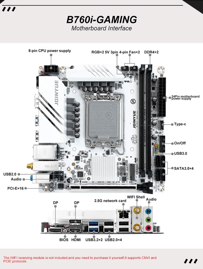 JGINYUE Placa-mãe B760i LGA 1700 Suporte Intel Core 12ª 13ª DDR4 3200mhz RAM Última mini itx B760i-GAMING