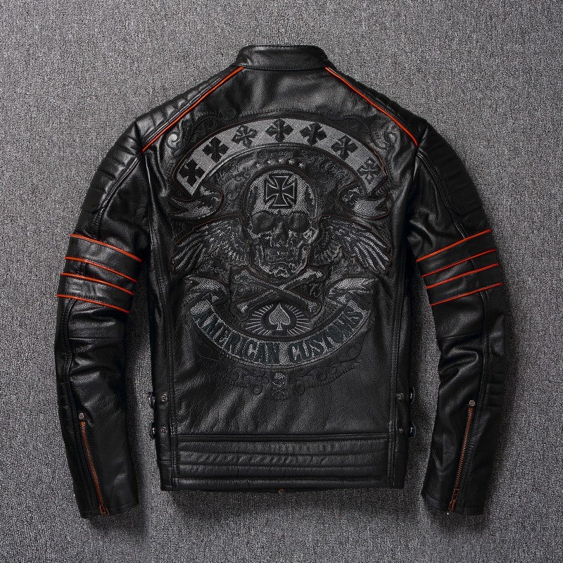 Men's Spring Original Leather Motorcycle Jacket 2025 Skull Embroidery Top Layer Cowhide Clothing Slim Fit Black Slim Male Coat
