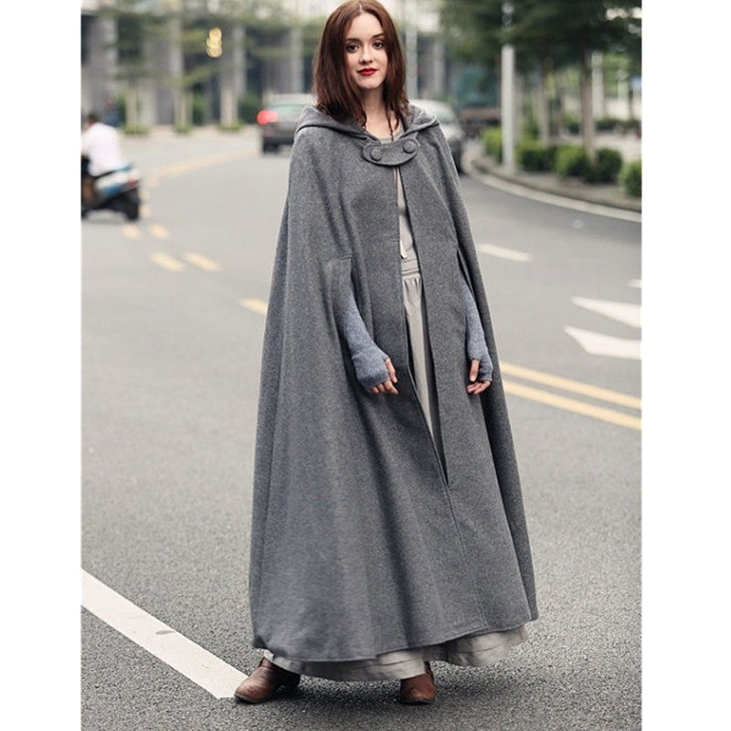 Caped Woolen Overcoat 2025 Europe Five Colors Hooded Shawl Lengthened Cloak Overcoat Woolen Overcoat Woman Windbreaker
