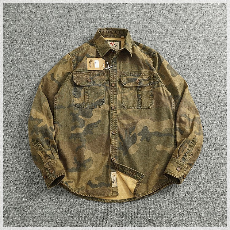 2024 Autumn and Winter New American Retro Woven Camouflage Cargo Shirt Men's 100% Cotton Washed Old Double Pockets Thin Jacket