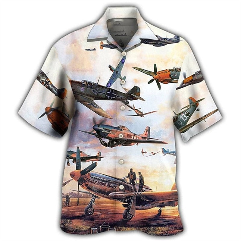 Retro Aircraft Printed Shirts Casual 3D Denim Pattern men's Clothing Hawaiian Beach Short Sleeved Shirt Outdoor Casual men's Top