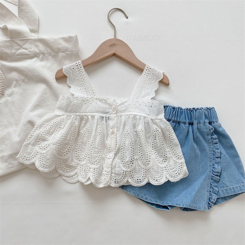 Girls Children Outfit Sets Summer Kids Clothes Lace Edge Pure White Baby Girl Casual White Hollow Vest Top Suspender+Denim Skirt