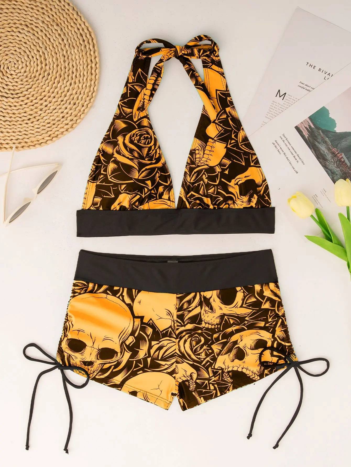 Conservative Skull Print Bikini Women's Swimsuit Flat Briefs New Arrival Swimwear from Mainland China Female Fashionable