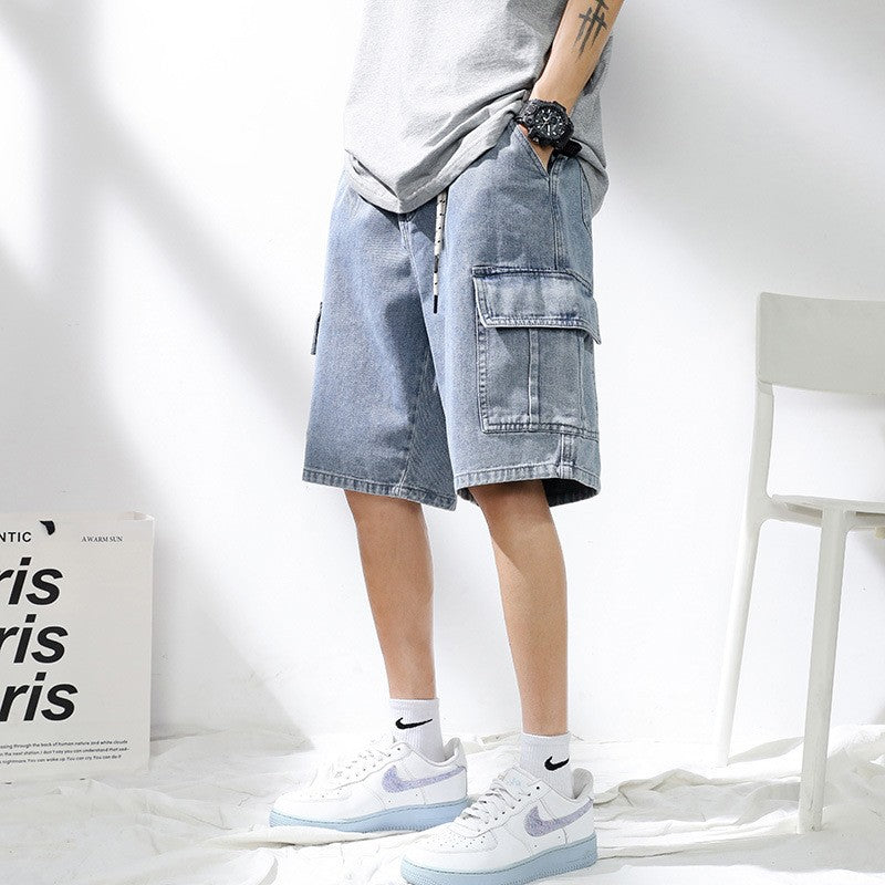 Denim shorts men's 2025 summer new light colored personalized hanging rope loose casual denim five quarter pants men's pants