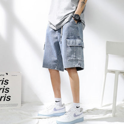 Denim shorts men's 2025 summer new light colored personalized hanging rope loose casual denim five quarter pants men's pants