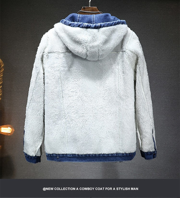 Thicker Winter Jacket Men Warmer Hooded Denim Lambswool Hooded and Padded Denim Jacket Imitation Lamb Wool Fleece Mens Clothes