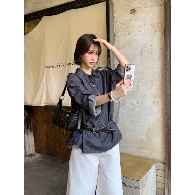 Versatile Chic Dongdaemun Denim Shirt Long Sleeve Woven Straight Cut Commute Urban Style Shirt Versatile Fashionable Shoulder...