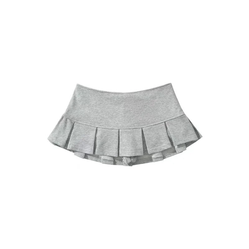 Mooyufon Fabric Y2K Mini Skirt Women Low Waist Wide Pleat Light Grey Sexy Vintag
