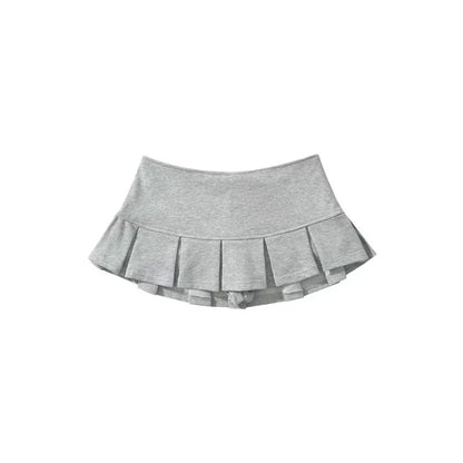 Mooyufon Fabric Y2K Mini Skirt Women Low Waist Wide Pleat Light Grey Sexy Vintag