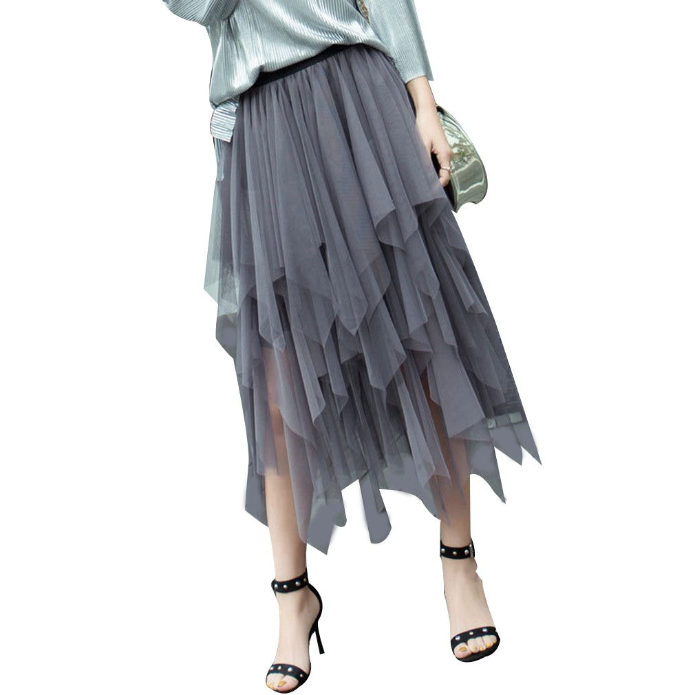 New Fairycore Lady ´s Fashionable Sexy Solid Color Mesh Skirt, Irregular Elastic Tulle Bubble Skirt, Daily Life and Vacation