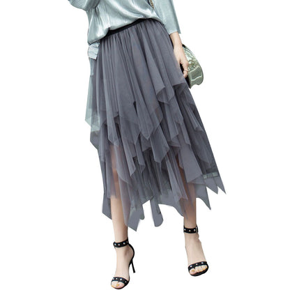 New Fairycore Lady ´s Fashionable Sexy Solid Color Mesh Skirt, Irregular Elastic Tulle Bubble Skirt, Daily Life and Vacation