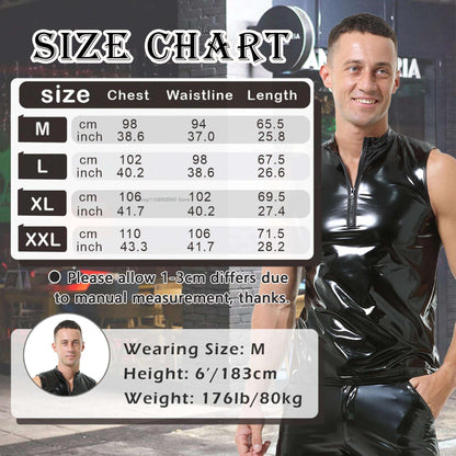 Mens Sexy Shiny PVC Leather Tank Top Vest Erotic Glossy Wet Look Leather T-Shirt Sleeveless Shaping Tank Top Vest Night Clubwear