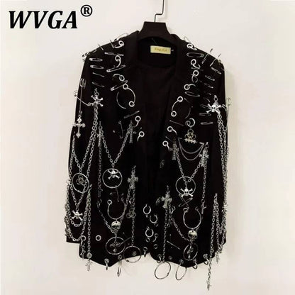 WVGA Spring Autumn New Men Y2K Dark Techwear Gothic Chain Design Blazer Punk Rock Heavy Beaded Niche Chic Casual Suit-Coat W8497