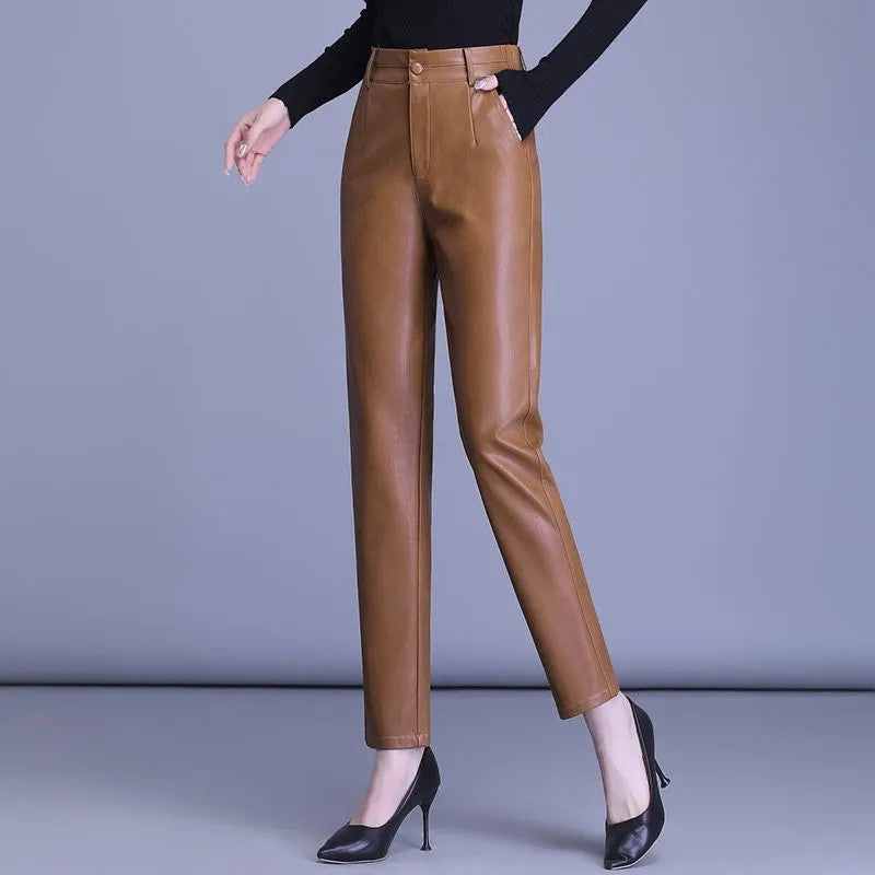 2023 Spring Autumn Sheepskin Pants Women High-waist Straight Pants Slim Lady Genuine Leather Casual Trousers Ankle-Length Pants