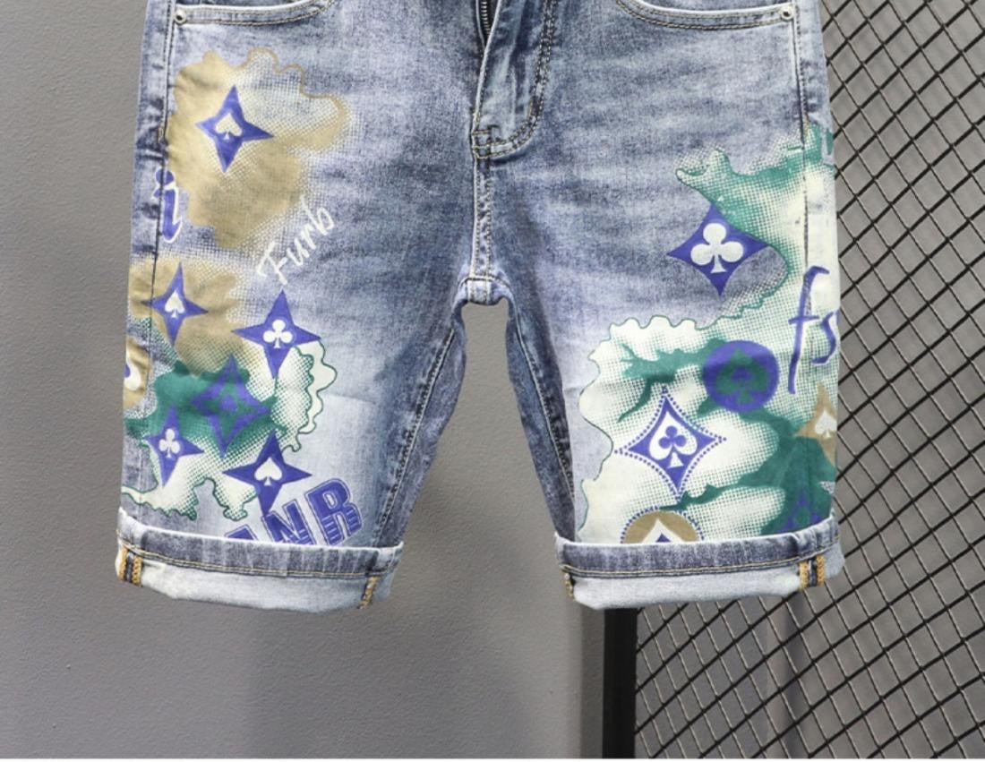 Summer 2024 New Fashion Trend Printed Stretch Cotton Shorts Men's Casual Sashimi Comfort High Quality Plus-Size Denim Shorts