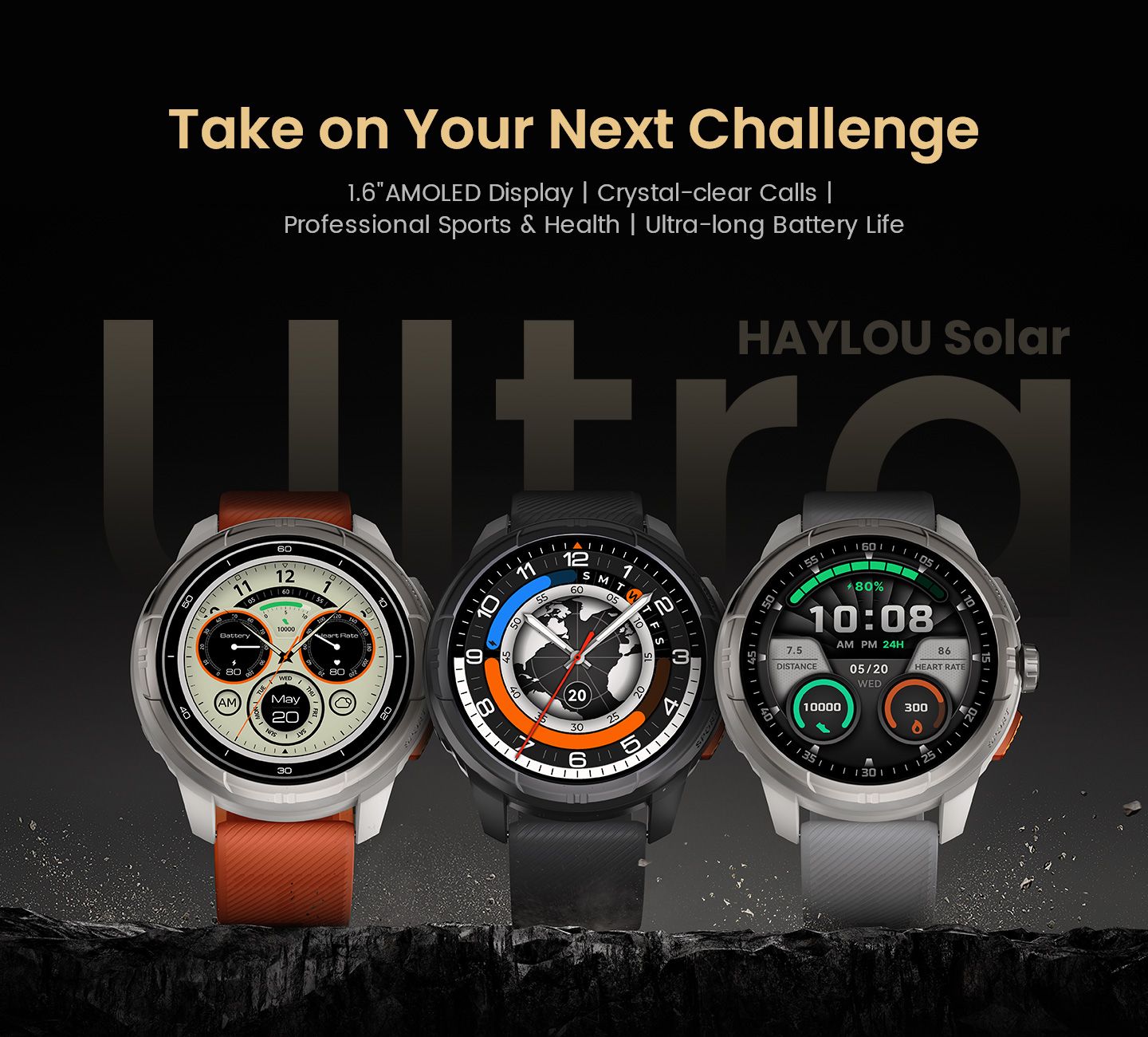 Smartwatch GPS HAYLOU Solar Ultra, Tela AMOLED de 1,6", 5ATM à prova d'água, GPS integrado, Chamadas telefônicas Bluetooth, Relógio inteligente esportivo