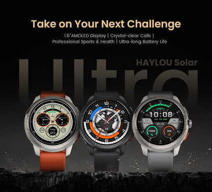 Smartwatch GPS HAYLOU Solar Ultra, Tela AMOLED de 1,6", 5ATM à prova d'água, GPS integrado, Chamadas telefônicas Bluetooth, Relógio inteligente esportivo