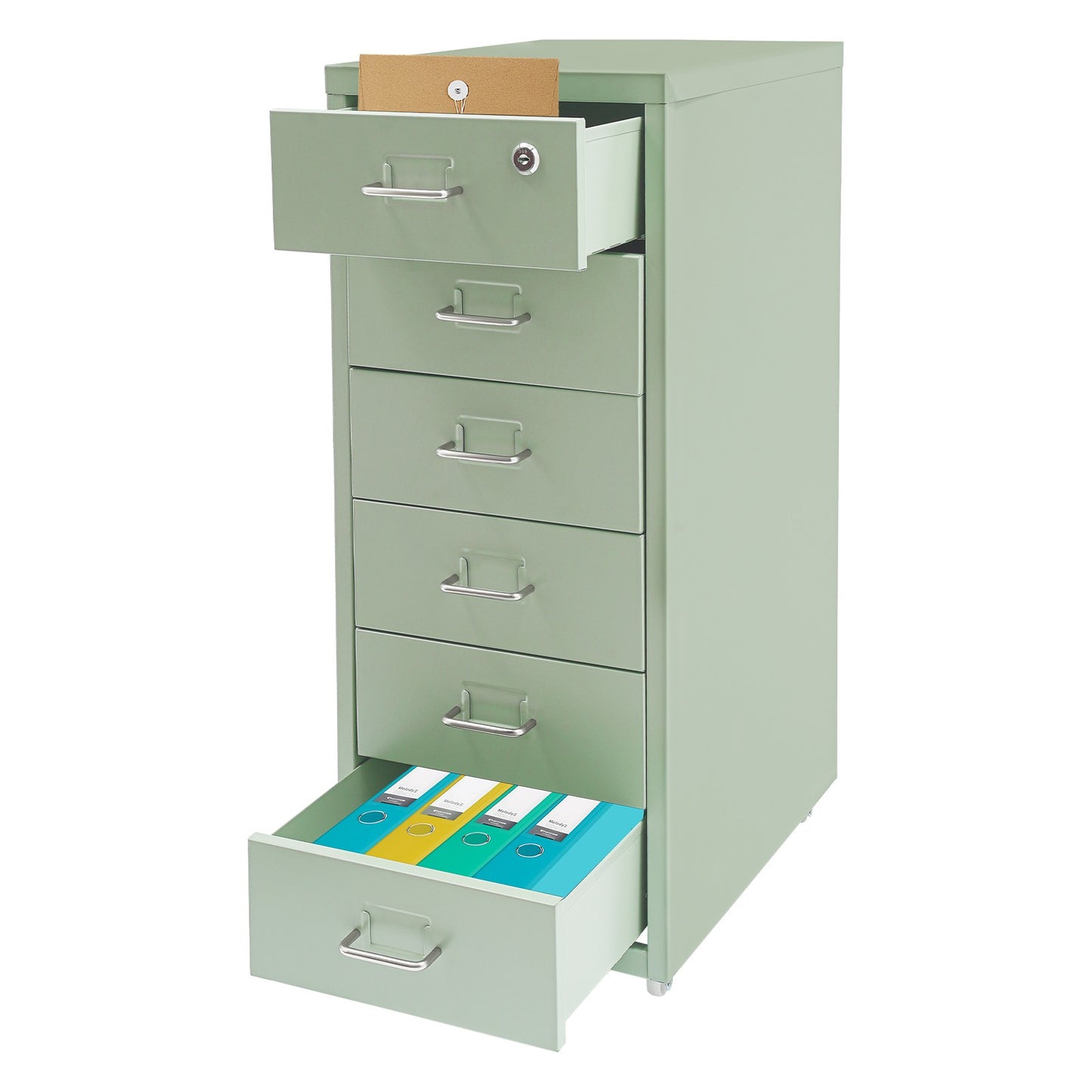 Gaveteiro de Metal com Rodas e Fechadura | Armário para Documentos com 6 Gavetas para Escritório em Casa, com Rodas | Branco-sujo/Verde/Amarelo