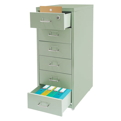 Gaveteiro de Metal com Rodas e Fechadura | Armário para Documentos com 6 Gavetas para Escritório em Casa, com Rodas | Branco-sujo/Verde/Amarelo