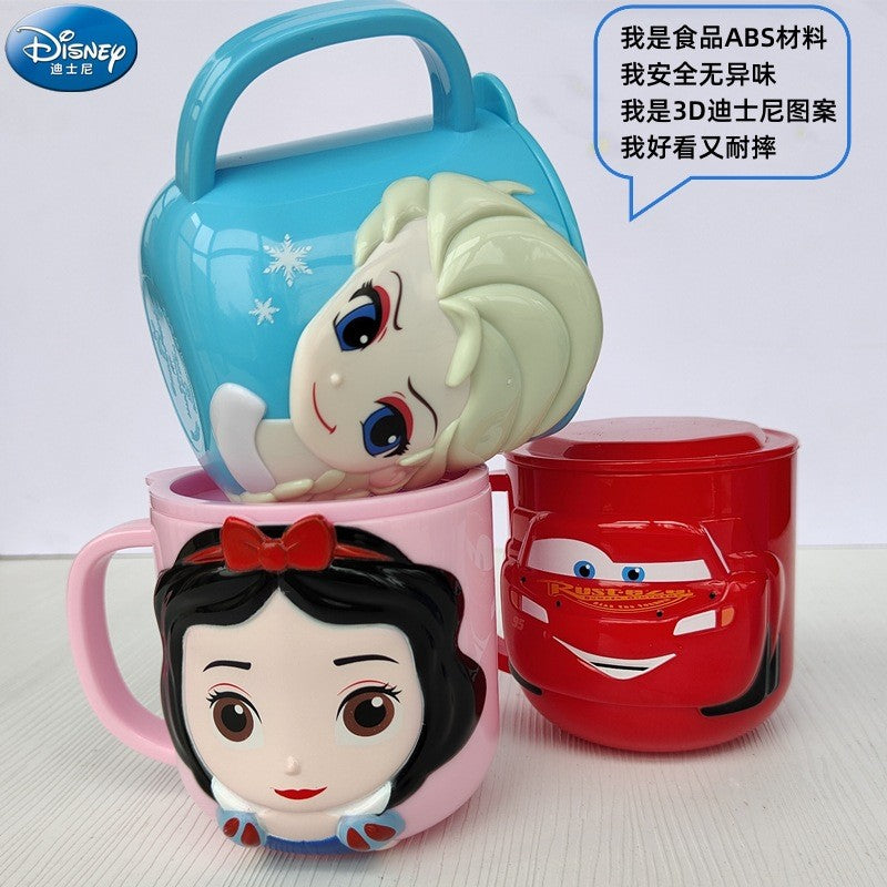 Copo infantil de desenho animado Disney Mickey Stitch com tampa Caneca de leite Frozen Elsa 3D Copo para beber em casa Copo para escovar a boca Copo de água infantil