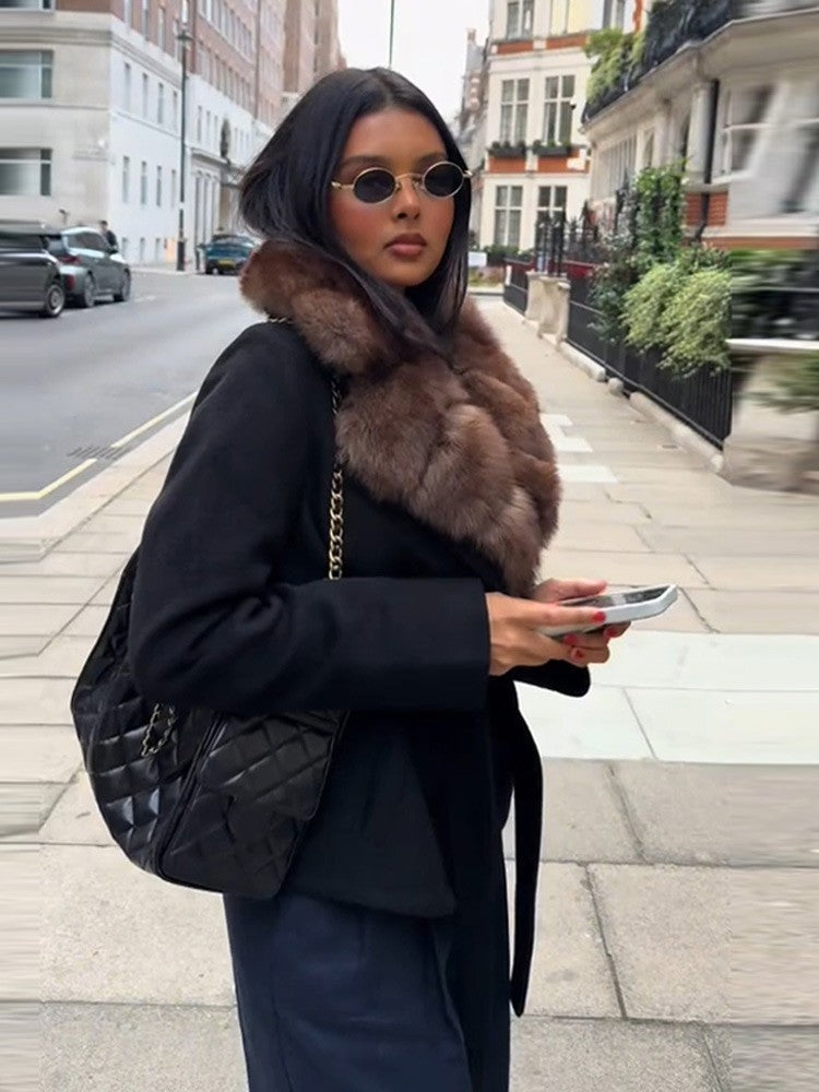 Elegant Fur Collar Woolen Coat Women Contrast Full Sleeve Turn-down Collar Loose Lace Up Coats Female 2025 Autumn Lady Outwears