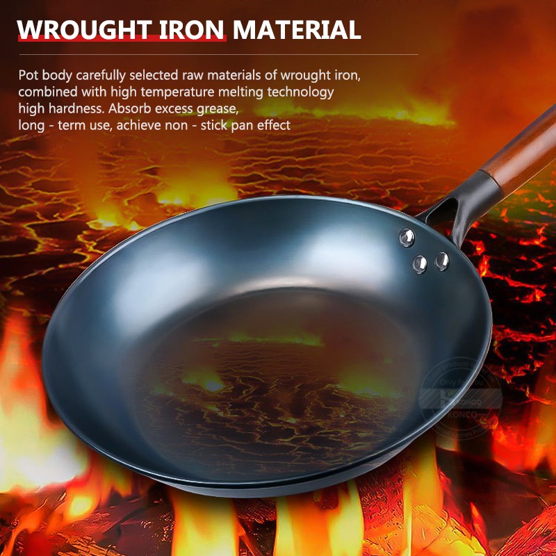 Iron Frying Pan Uncoated Iron Wok Flat Bottom Skillet Non-stick Egg Pancake Pan Steak Frying Pot Gas and Induction 27/29/31/33cm