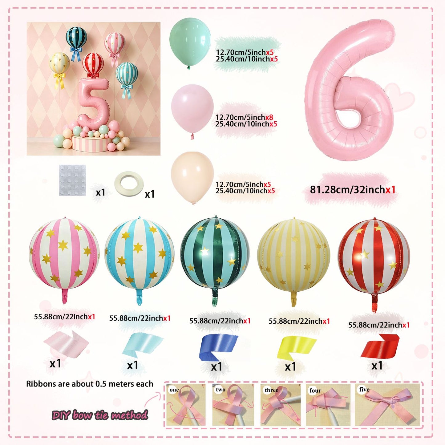 Pink 32 inch Digital 4D Striped Star Foil balloon Set, Ribbon Suitable for Birthday Parties, Showers, Anniversaries, Christmas