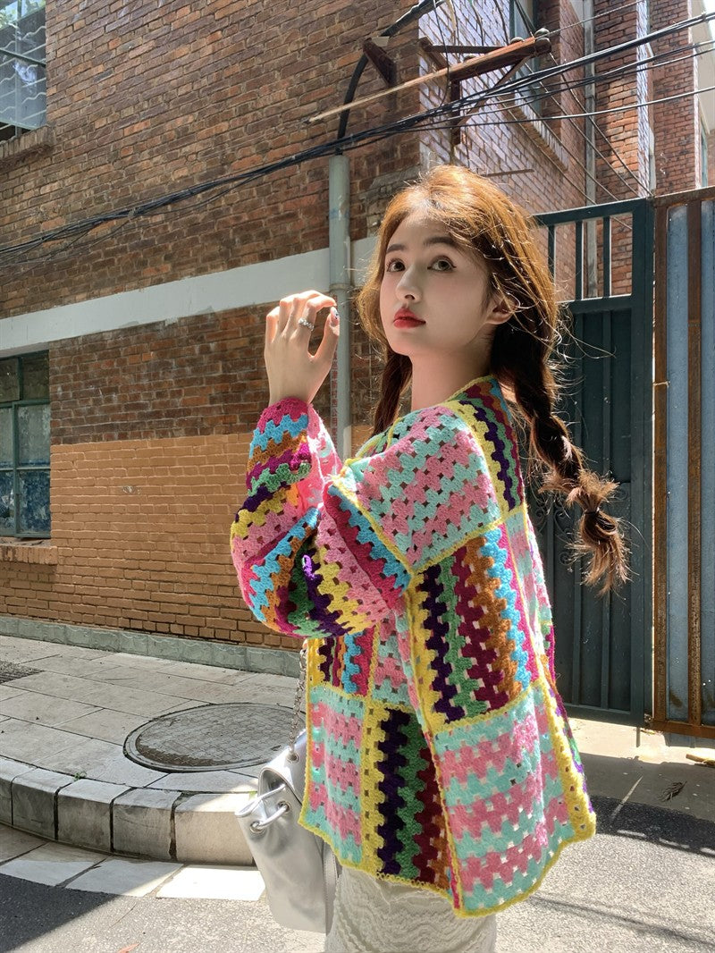 SALIENCY Colorful Crochet Knit Hollow Cardigan Sweater Jacket Women Spring Top Loose Short Knitwear