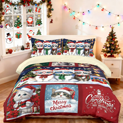 3pcs Merry Christmas Cat Printed Chipless Bedding Set Soft Dormitory Bedroom Multiple Sizes Machine Washable