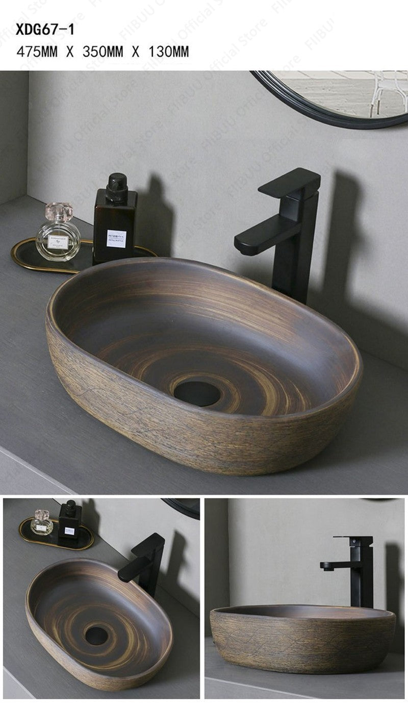 Cuba de Cerâmica Marrom para Lavatório de Banheiro Oval Artística para Mesa de Banheiro, Bacia de Lavar Roupa para Varanda, Bacia de Pedestal Acima do Balcão