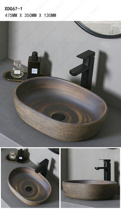 Cuba de Cerâmica Marrom para Lavatório de Banheiro Oval Artística para Mesa de Banheiro, Bacia de Lavar Roupa para Varanda, Bacia de Pedestal Acima do Balcão