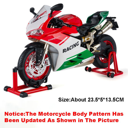 Modelos de motocicleta em miniatura 1:9 Scale 1299 V4S Brinquedos de motocicleta de liga leve com som, luz e absorção de choque, motocicletas de ornamento para presentes infantis