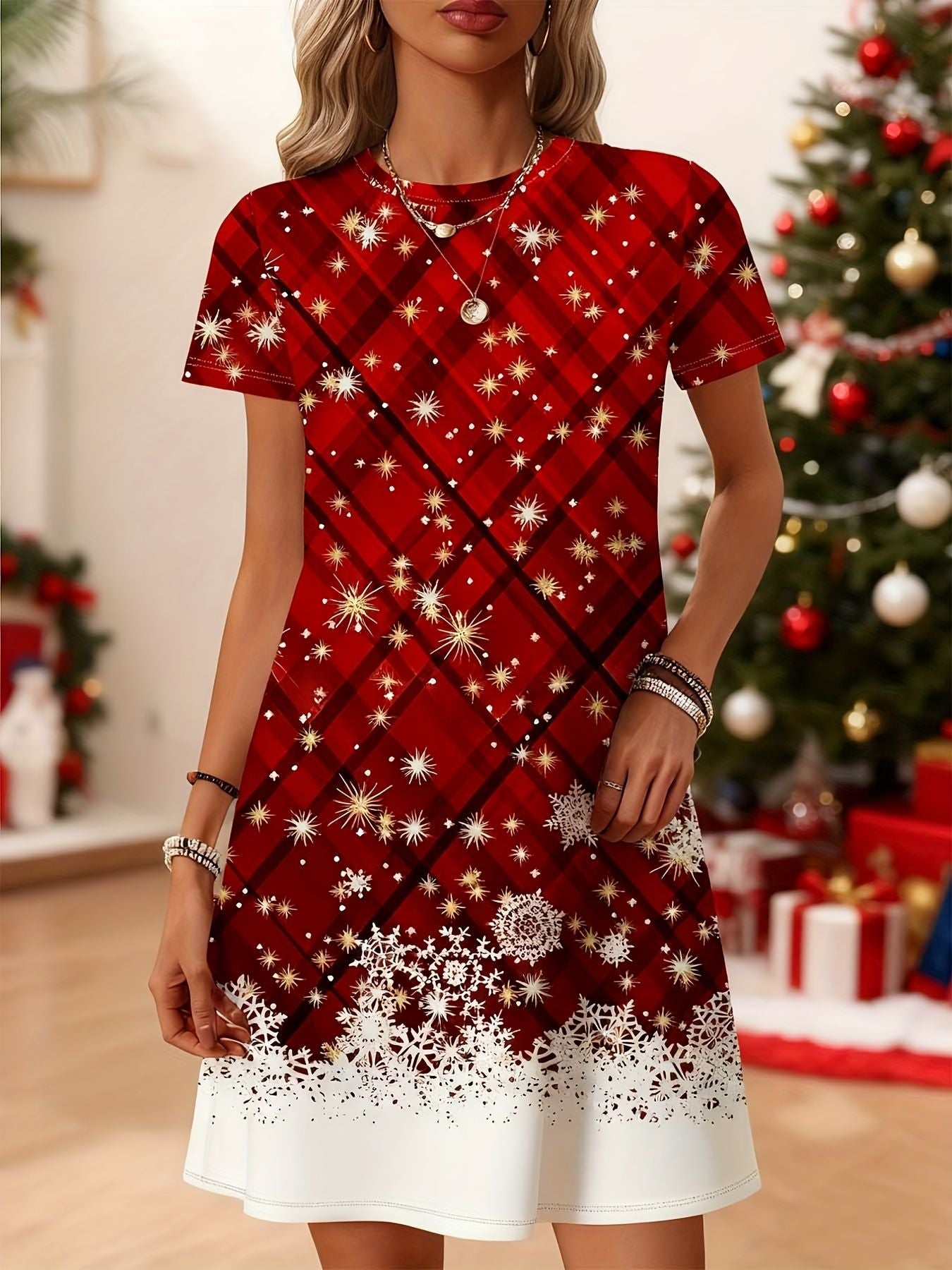 ? Women'S Christmas Tree Print Dress Red Golden Holiday Party Outfit  All-Season Elegant Long Dress for Xmas New Year'S Eve Xmas