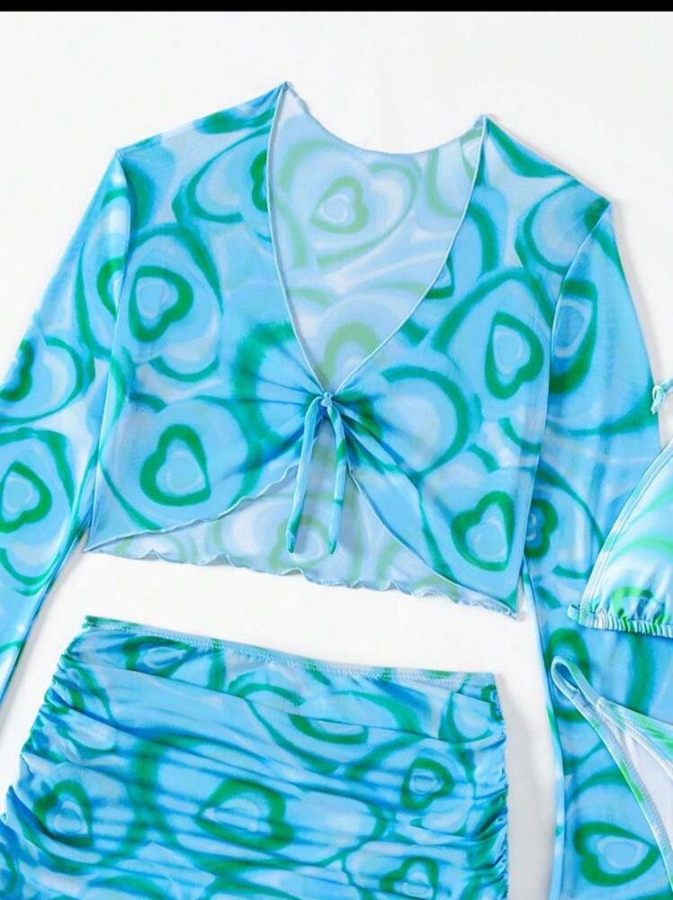 Women Bikini 4 Piece Set Tie Dye/Mesh Lace Long Sleeved Top Skirt Bottom Halter Bikini 2025 New Sexy Slim Beachwear Size S-XL