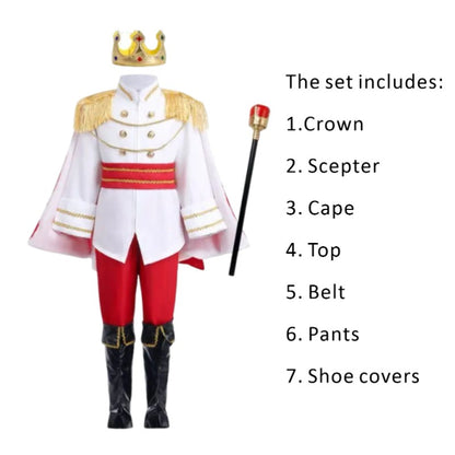 Medieval King Prince Red Blue 7 Piece Costume Set With Crown Scepter Cape For Royal Halloween Party Fancy Dress Performance