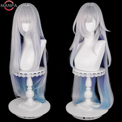 Peruca Skirk Cosplay 105cm Longa Branca Prateada com Gradiente Azul Cabelo Sintético Resistente ao Calor Perucas de Anime + Touca de Peruca