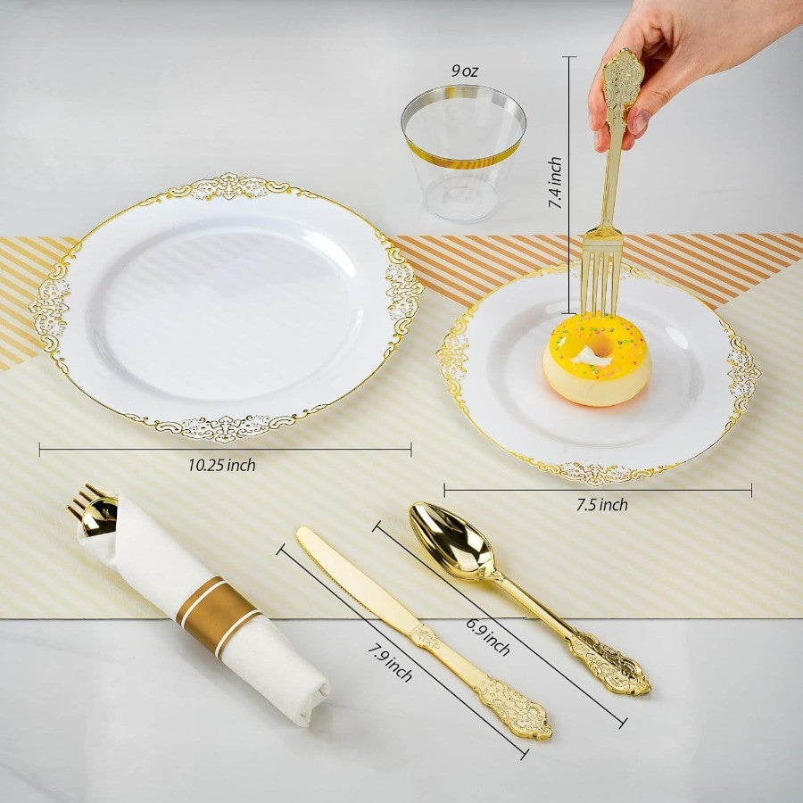 700PCS Gold Plastic Plates for 100 Guests Disposable Dinnerware Sets Include 200 Gold Rim Plastic Plates 100 Silverwares 100 Cu