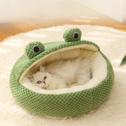Nova Cama para Animais de Estimação Inverno Quente Toca para Cão Gato Vilinha Pelúcia Colchão para Pets Pequeno Formato Sapo Semi-Fechada Casa para Gatinhos Filhotes Suprimentos para Animais de Estimação