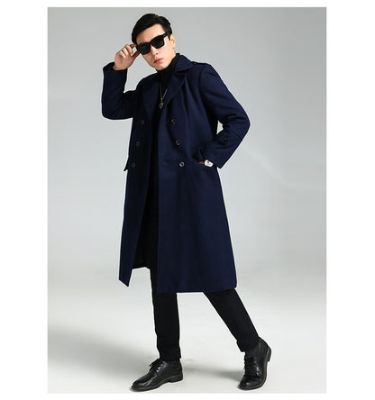 Nerazzurri Autumn Winter Long Elegant Luxury Chic Navy Blue Warm Woolen Coat for Men Double Breasted Wool & blends Overcoat 2023