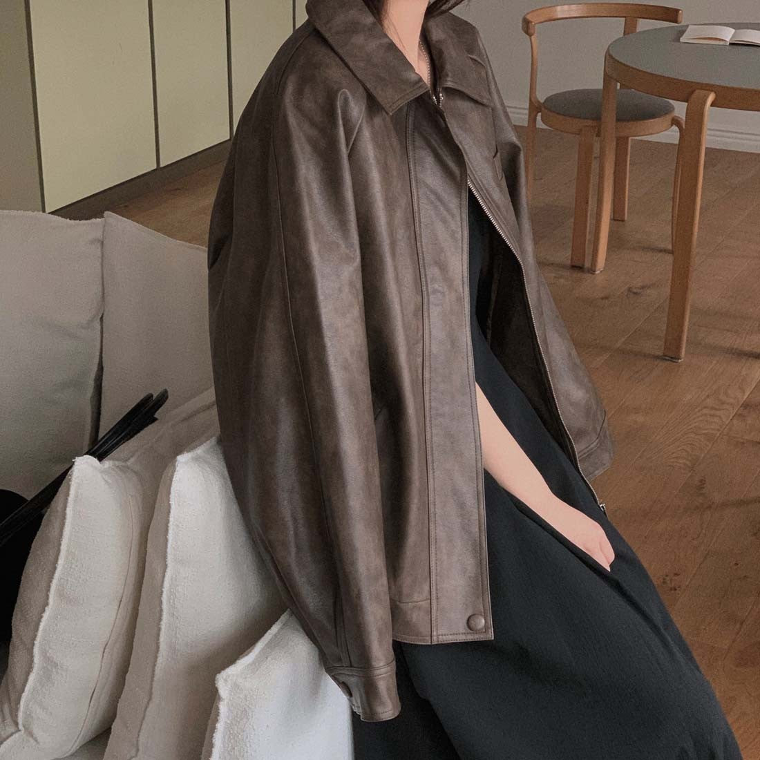 Sli Loose PU Leather Jaet Women's Chic Retro Collar Versatile BF Sle Motorcycle Clothes Trendy Long Sve Zipper