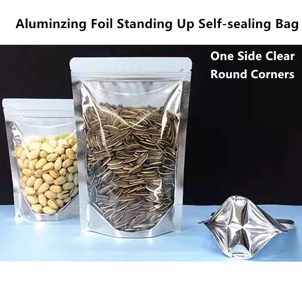 100pcs Silver Aluminum Foil Zip-lock Bags, Food Grade Aluminized Mylar Zipper Self Sealing Pouches for Cloth / Snacks Packaging
