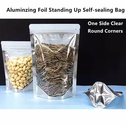100pcs Silver Aluminum Foil Zip-lock Bags, Food Grade Aluminized Mylar Zipper Self Sealing Pouches for Cloth / Snacks Packaging