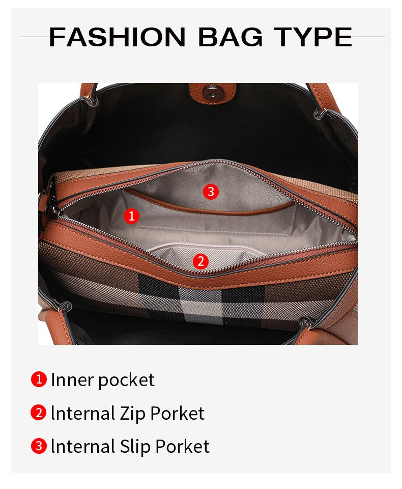 Aidrani  2025 New retro checkered women's handbag, large capacity luxury bag, canvas genuine leather bag