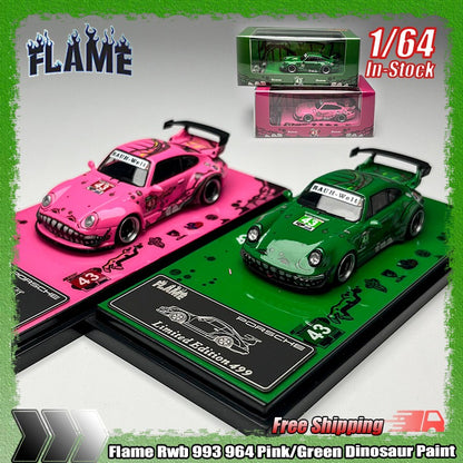 In-Stock Flame 1:64 Rwb 993 964 Pink/Green Dinosaur Paint Simulation Alloy Miniature Die-Cast Car Model Custom Children Toy Gift