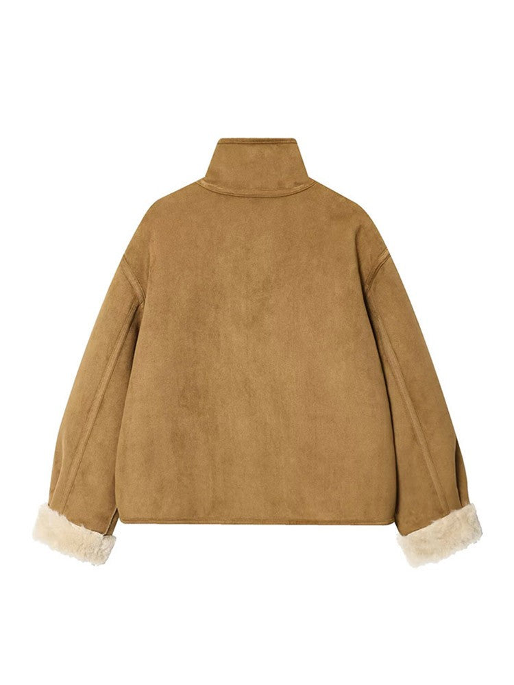 Suede Plush Both Sides Women's Coat Jacket Single Breasted Stand-Up Collar Pockets Female Jackets Autumn Loose Solid Coat Ladies