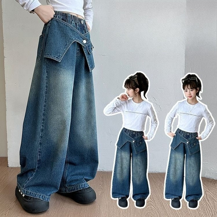 2025 Autumn Trendy Korean Style Flared Jeans for Girls - Medium & Large Kids, Ruffled Long Pants for Junior High Students