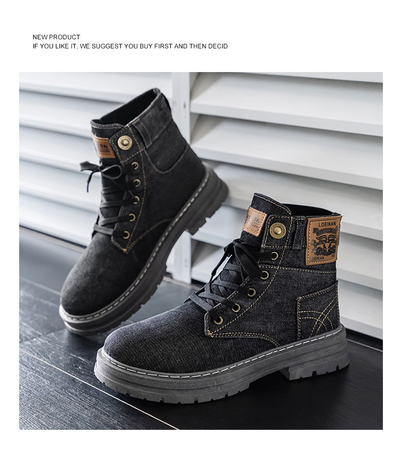 Retro blue men's denim boots, lace-up thick-soled boots, men's ankle boots, casual men's work shoes, Botas Hombre, size 48