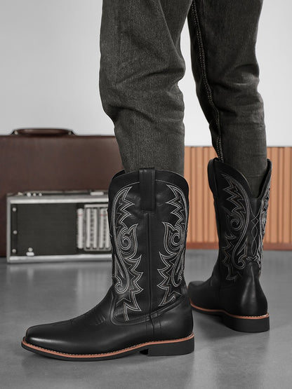 Men's Creative Pattern Embroidered Vintage Lace-Up Boots Wide-Toe Men's Cowboy Boots High-Top Riding Boots Extra Large Sizes